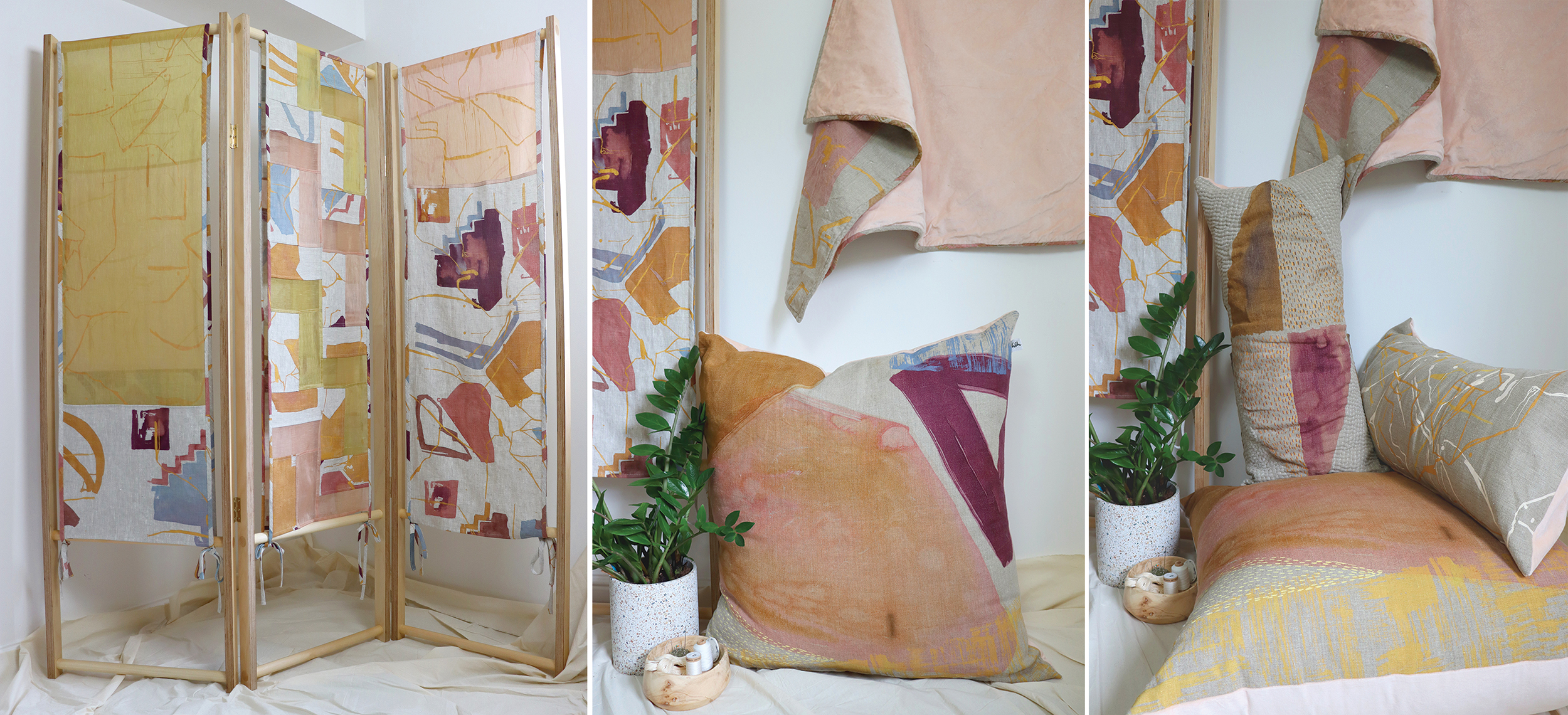 M Katie Charleson’s latest collection of homewares, hand painted, screen printed, and dyed on natural fibers.