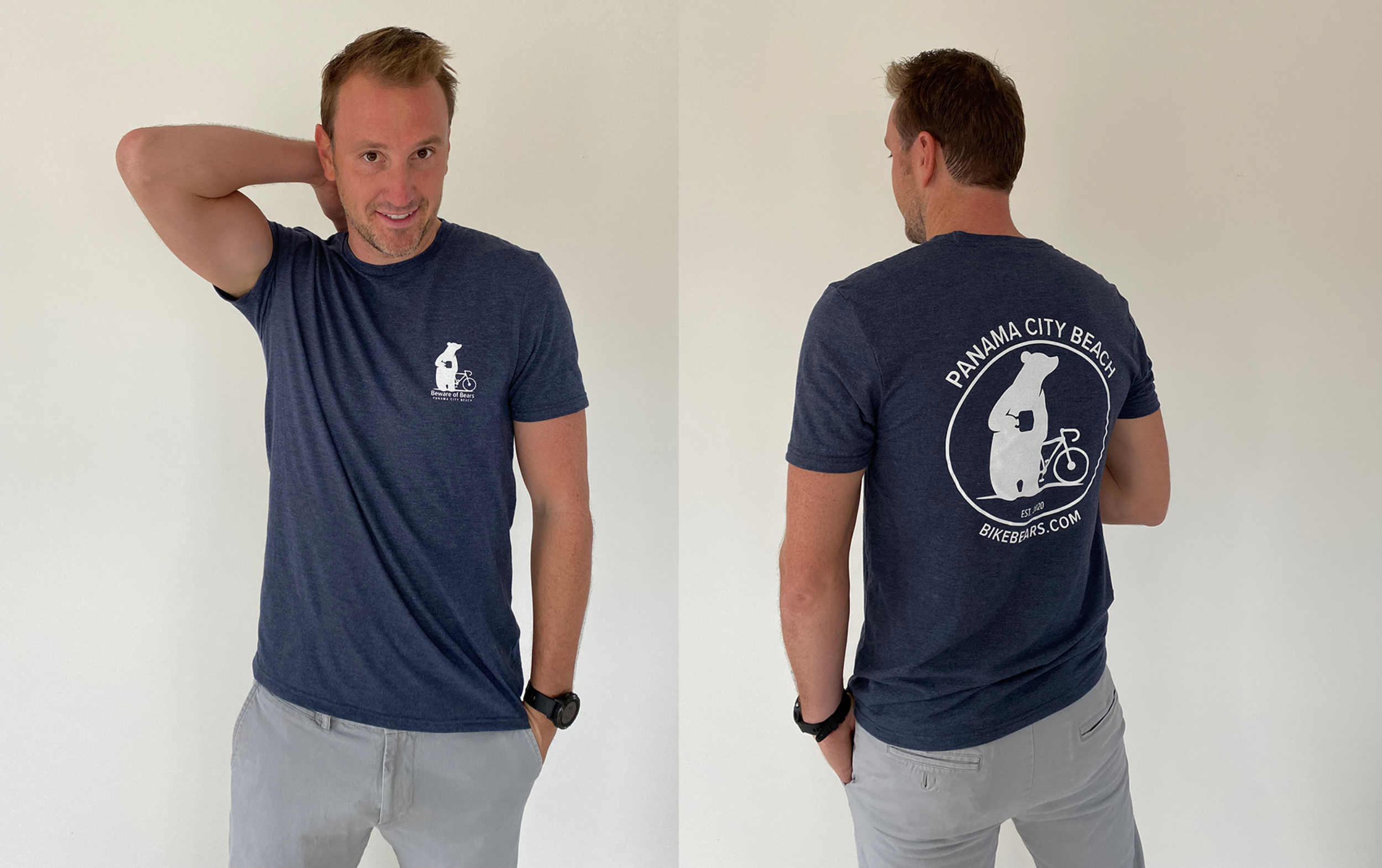 Meyer models the Allmade Navy T-shirt with the design Massey recommended.