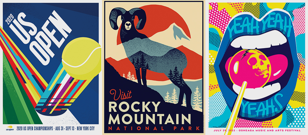 Just a few of Stiles’ renowed poster designs for large clients in the sports, music, and entertainment industries.