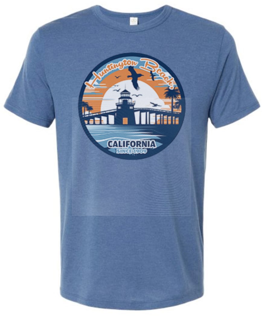 The graphic for this local surfshop tee began as an image generated by Midjourney based on the prompt, “A graphic logo of Huntington Beach, California landmarks made in blue, orange, and black on a white background.”