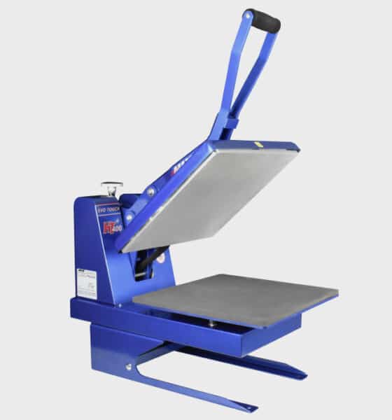 This is a 15” x 15” manual press with a LCD touch-screen controller. The one pictured has a “splitter stand” attachment to allow the garment being pressed to be split or dressed over the platen.