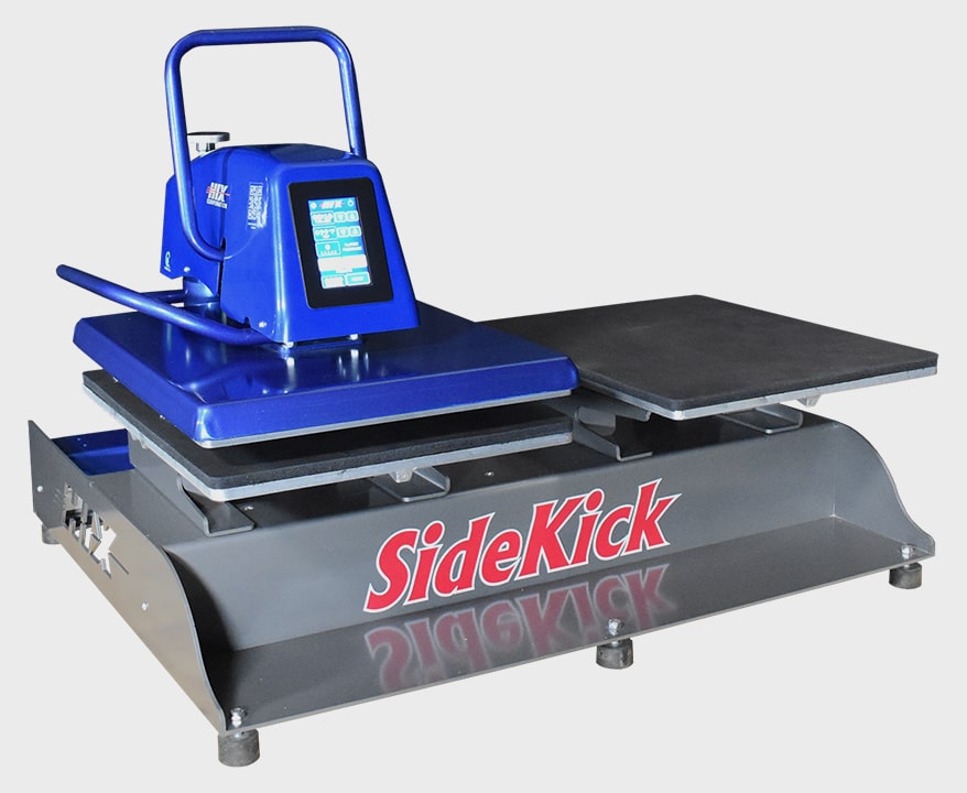 Shown is a high-output manual shuttle press that provides the operator two lower platens to work with. While one garment is being heat pressed the operator can load the second garment to be ready to go.