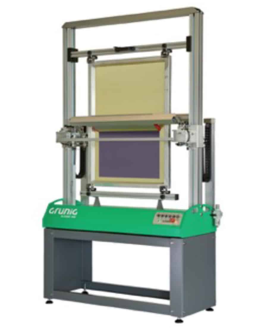 This Grunig automatic screen coater available from Kiwo comes in two sizes and features “plug and coat” construction. It provides for one- or double-sided simultaneous screen coating.
