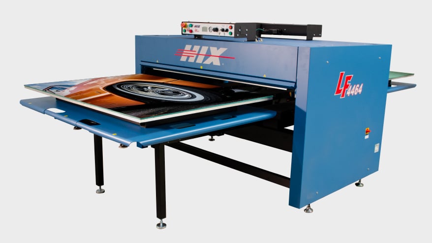 This jumbo heat press is designed for allover sublimation printing on garments and for heat pressing ceramic tile murals, metal signage, and more. The heat platen size is 44” x 64”. 