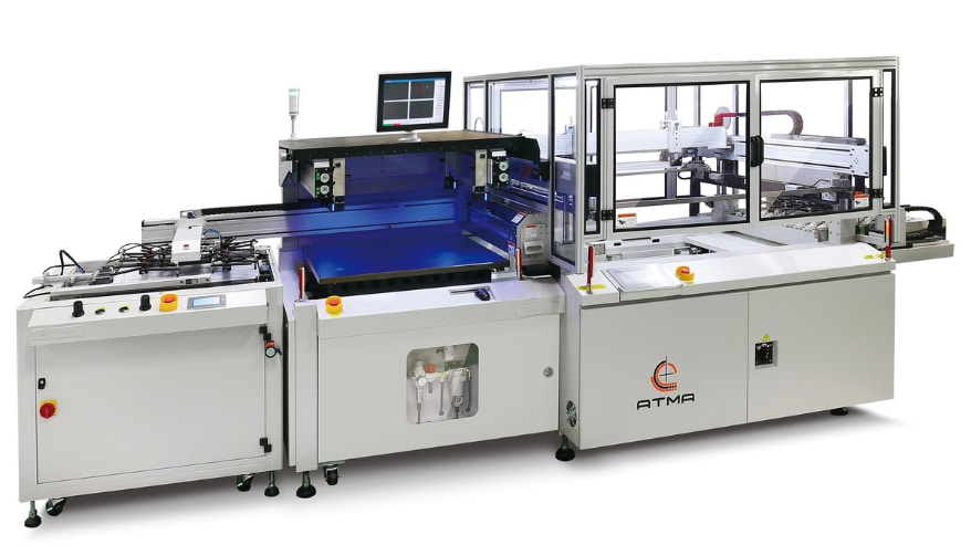 This press is used for critical registration printing. It features a feeder that uses CCTV to bring the part into perfect registration before printing. An automated take-off moves the printed piece onto a dryer. Photo courtesy RH SolutionsSEFAR
