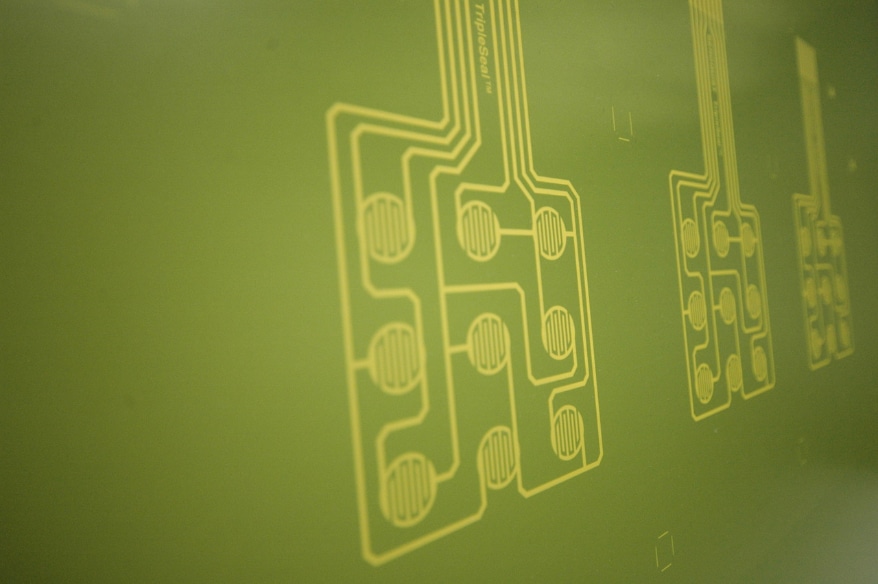 A closeup of a stencil for printing circuits. Advancements in technology keep pushing screen printing and screen making into finer and finer detail. Photo courtesy Sefar